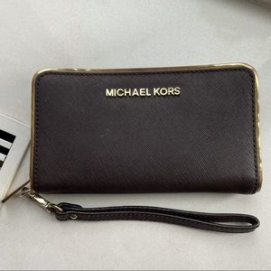 Michael Kors Brown Saffiano Leather Smartphone/Wallet Wristlet